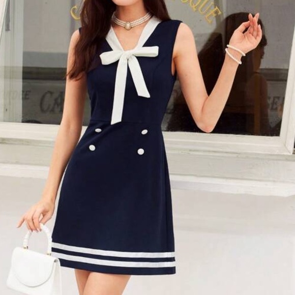 SHEIN Dresses & Skirts - NWOT Navy Dress with White Accents (L)